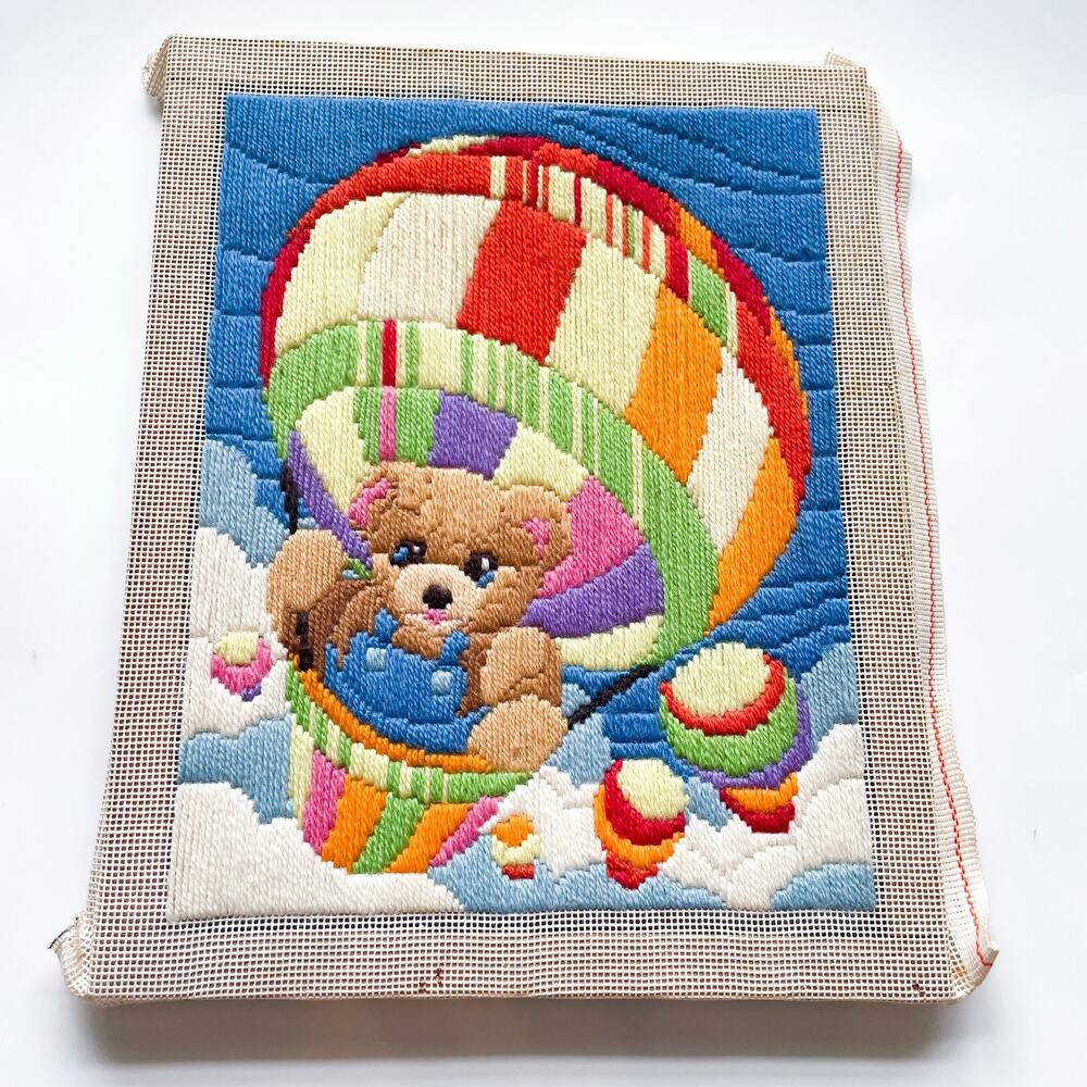Vintage 80s Teddy Bear Hot Air Balloon Completed Crewel Embroidery 9.5x12